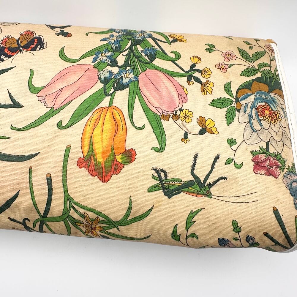 Gucci Vintage 80s Flora Flap Clutch Bag Ecru Canvas White Leather Trim READ - Picture 7 of 16
